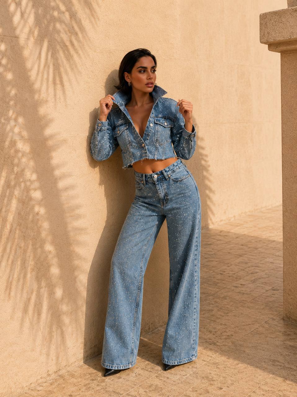 jeans taşlı crop ve pantolon takım jeans taşlı crop ve pantolon takım