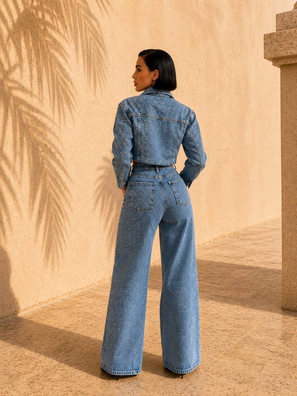 jeans taşlı crop ve pantolon takım jeans taşlı crop ve pantolon takım